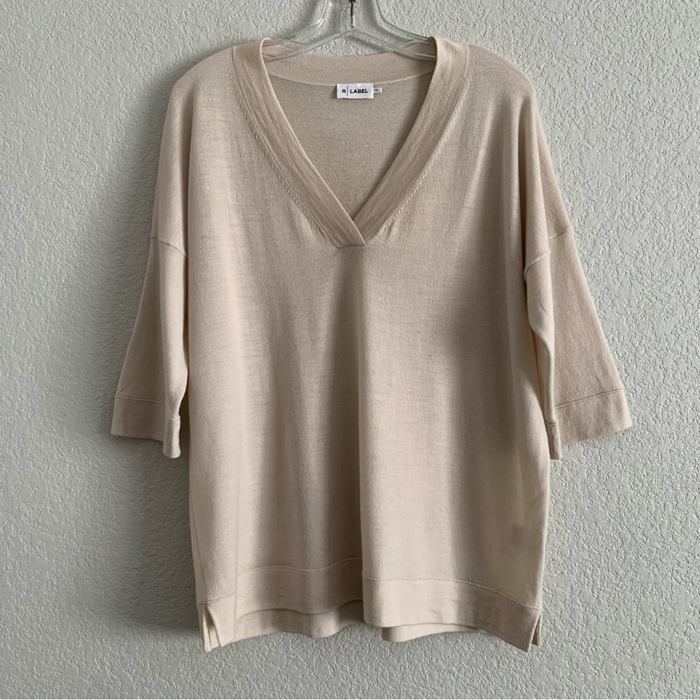 R Label Sweater Women XL Wool Lightweight Minimalist Lagenlook Quiet Luxury Tan